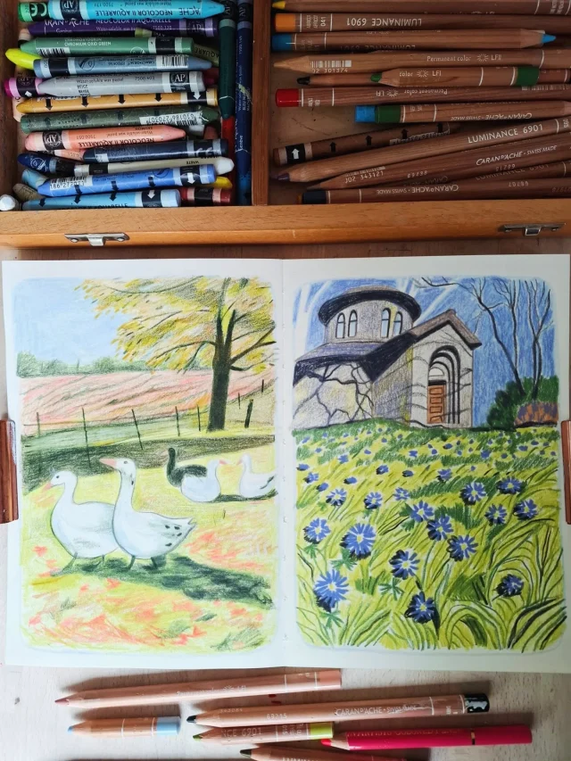 A couple of sketches for @drawdailytogether, I really like the composition on the second one. Not sure I did the geese justice, so I might try that one again in monochrome. Thanks to @laurahartart and @vitaminecreativiteit for the great references! 

#landscapeillustration #sketchbookartist