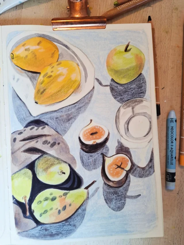 Bit of a rescue operation on this still life sketch with some light blue neocolor to tone down the shadows I'd painting too dark, with the added bonus of a nice texture! I hope you're all having a nice weekend!

#sketchbookartist #stilllifeillustration