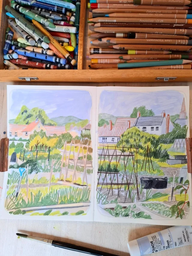 I love an allotment! All the different textures and shapes, so fu!. These are the community gardens at the back of the Bishop's Palace in Wells. 
.
.
#sketchbookillustration #gardenillustration