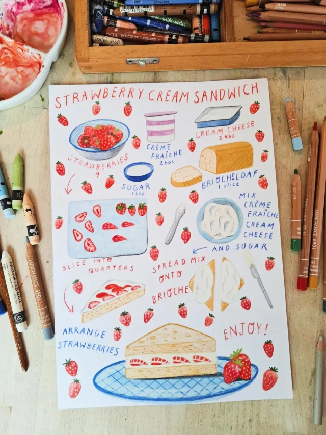 Making and then drawing our version of the M&S strawberry cream sandwich! We made this yesterday, and it was quite delicious! 🍓

#foodillustration #recipeillustration #strawberrysandwich